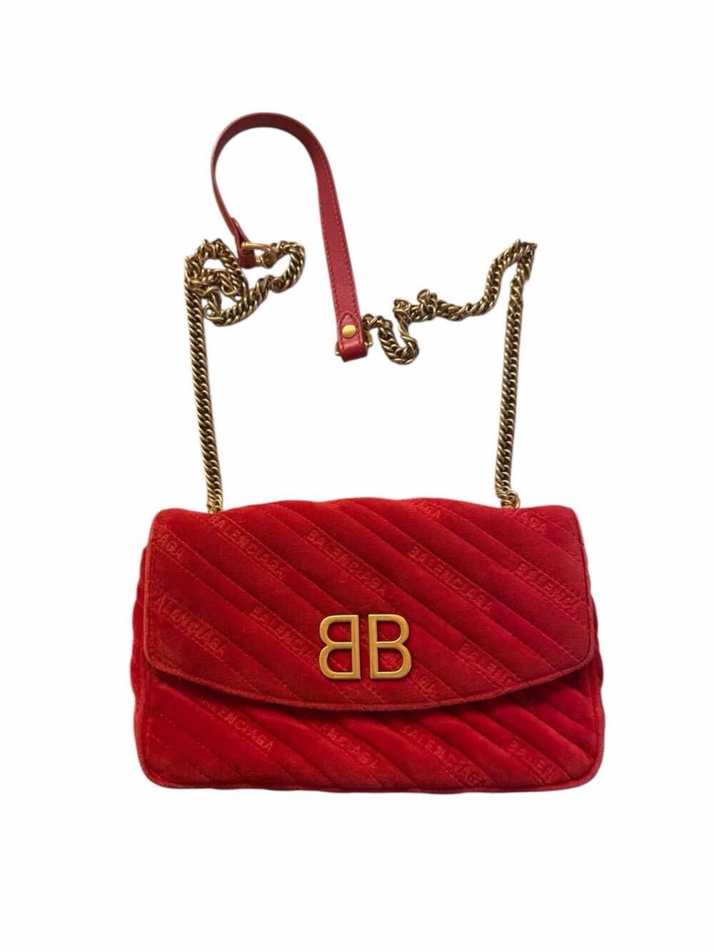 Balenciaga Red Quilted Velvet BB Chain Shoulder Bag